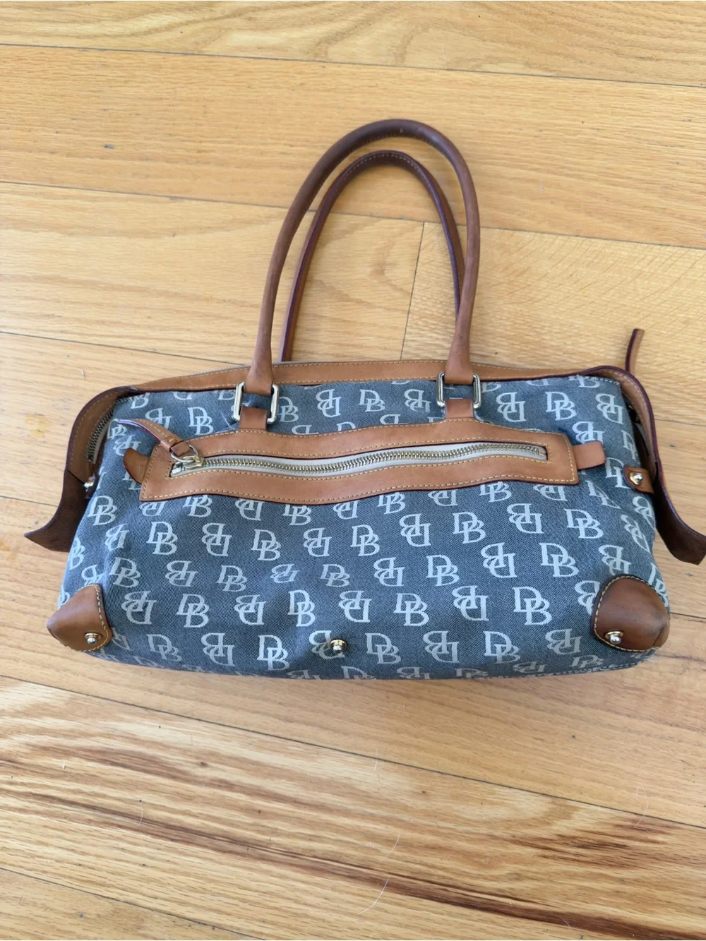 Vintage Dooney & Bourke Blue Monogram Canvas with Brown Leather Trim Satchel
